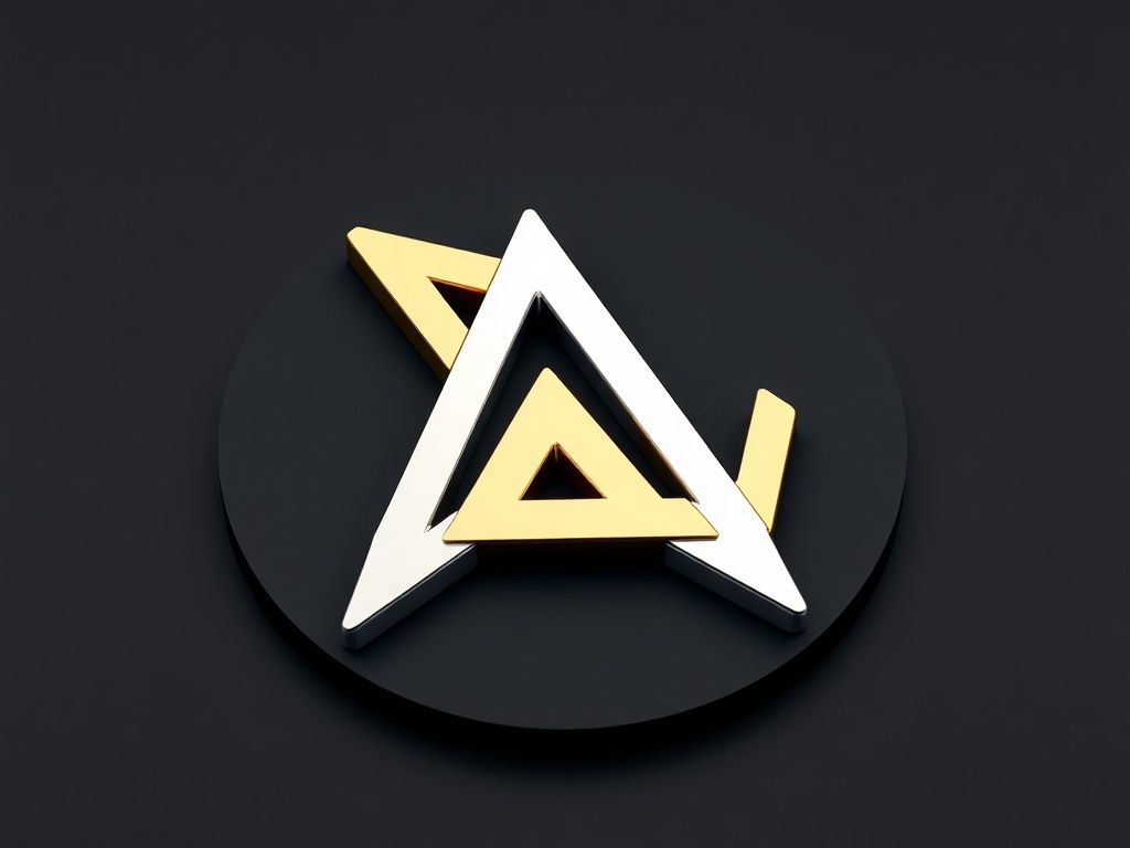 Isometric view of a polished geometric logo mark, composed of intersecting gold and silver triangles, on a matte black surface, soft studio lighting, 8k, product photography.